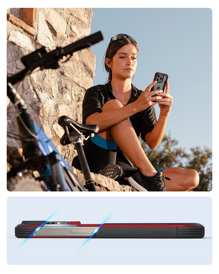 A person sits outdoors next to a stone wall, holding a smartphone. Below is an image of the Raptic Shield iPhone 15 Case labeled "Raptic," highlighting its slim profile and impressive 3-metre drop protection, certified to MIL-STD-810G Standards. A bike is partially visible nearby.