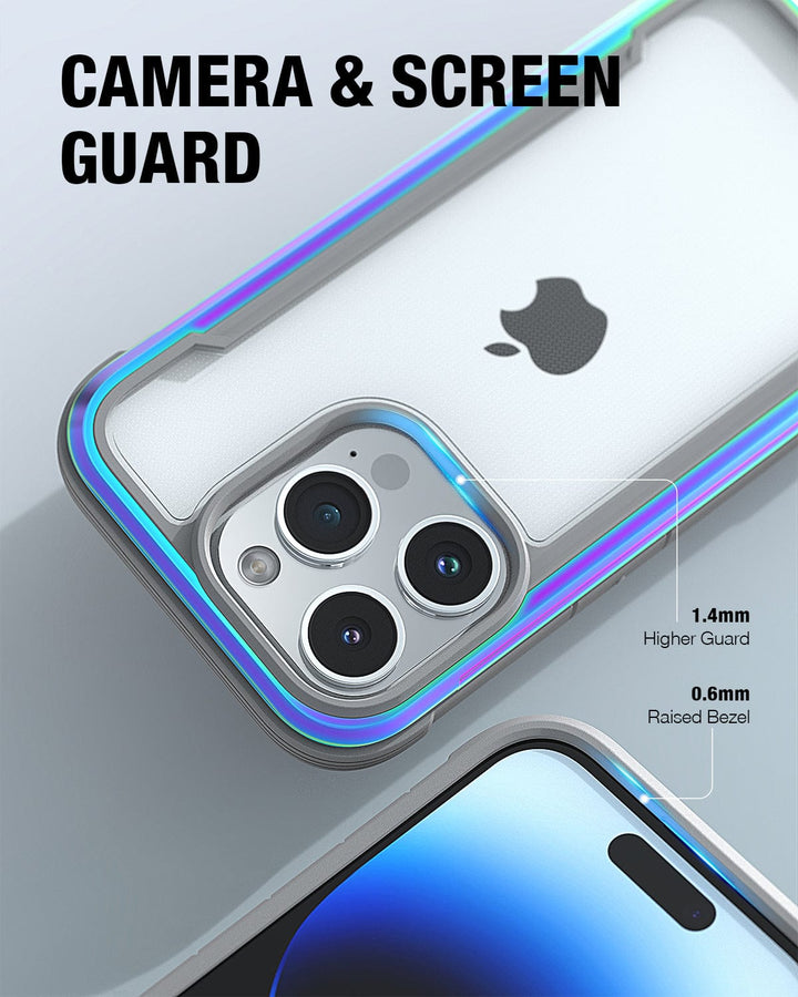 Close-up of a Raptic Shield iPhone 15 Shield Case showing a 1.4mm higher guard around the camera and a 0.6mm raised bezel around the screen for protection, meeting MIL-STD-810G Standards and offering 3-metre drop protection. Apple logo and part of another phone are visible.