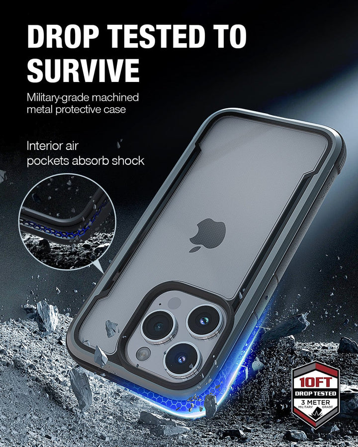 This image features an iPhone with the Raptic Shield iPhone 15 Shield Case, boasting a military-grade machined metal design and interior air pockets for shock absorption. Text highlights it as "DROP TESTED TO SURVIVE" from a 3-metre drop, meeting MIL-STD-810G Standards.