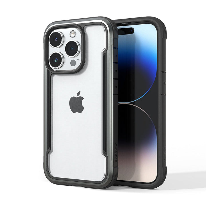 Two smartphones are displayed side by side; both are in protective cases. One phone shows the screen, while the other displays the rear camera and Apple logo. Featuring a Raptic Shield iPhone 15 Case, these devices meet MIL-STD-810G Standards for 3-metre drop protection.