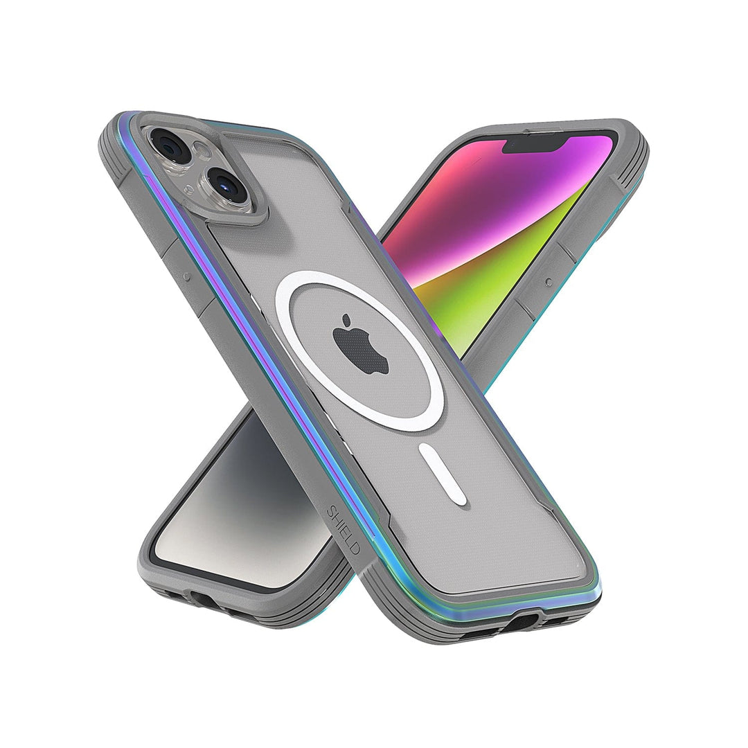 Two Raptic Shield MagSafe iPhone 15 Cases with gray coverings, are positioned back to back in an X formation. The screens display a colorful gradient, and the rear cases show a circular MagSafe design around the Apple logo. These wireless charging compatible cases also offer 3-metre drop protection.