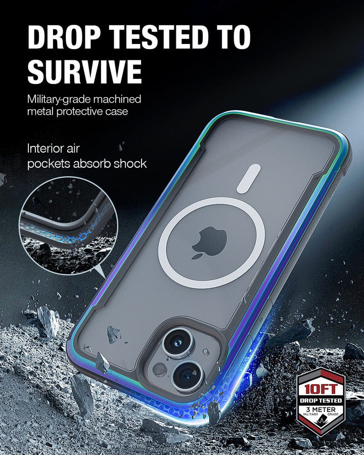 Raptic Shield MagSafe iPhone 15 Case on a rocky surface. Text describes it as drop tested to survive, with military-grade machined metal, interior air pockets for shock absorption, wireless charging compatible, and 3-metre drop protection certification.