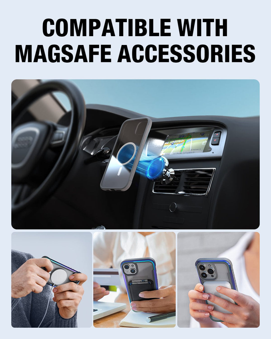 An infographic showcasing the Raptic Shield MagSafe iPhone 15 Case compatibility with accessories, highlighting a phone mounted in a car, a phone with a wallet attached, and a phone on a wireless charger. Enjoy seamless wireless charging and robust 3-metre drop protection for your device.
