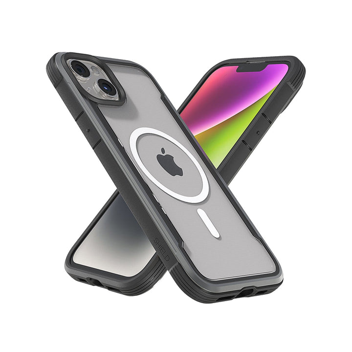 Two smartphones in rugged protective cases with MagSafe compatibility. One, a Raptic Shield MagSafe iPhone 15 Case, showcases the back with the Apple logo and camera, while the other displays a colorful screen. Both cases are wireless charging compatible and offer 3-metre drop protection.