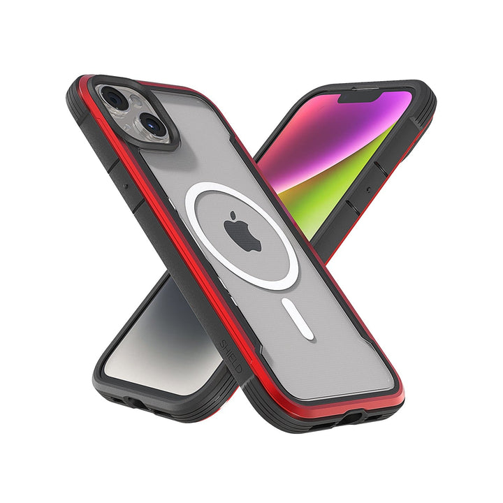 Two smartphones with protective red and black cases are displayed in an 'X' formation. The case on the back phone, a Raptic Shield MagSafe iPhone 15 Case from Raptic, features a circular design on a transparent surface. Both cases offer 3-metre drop protection and are wireless charging compatible.