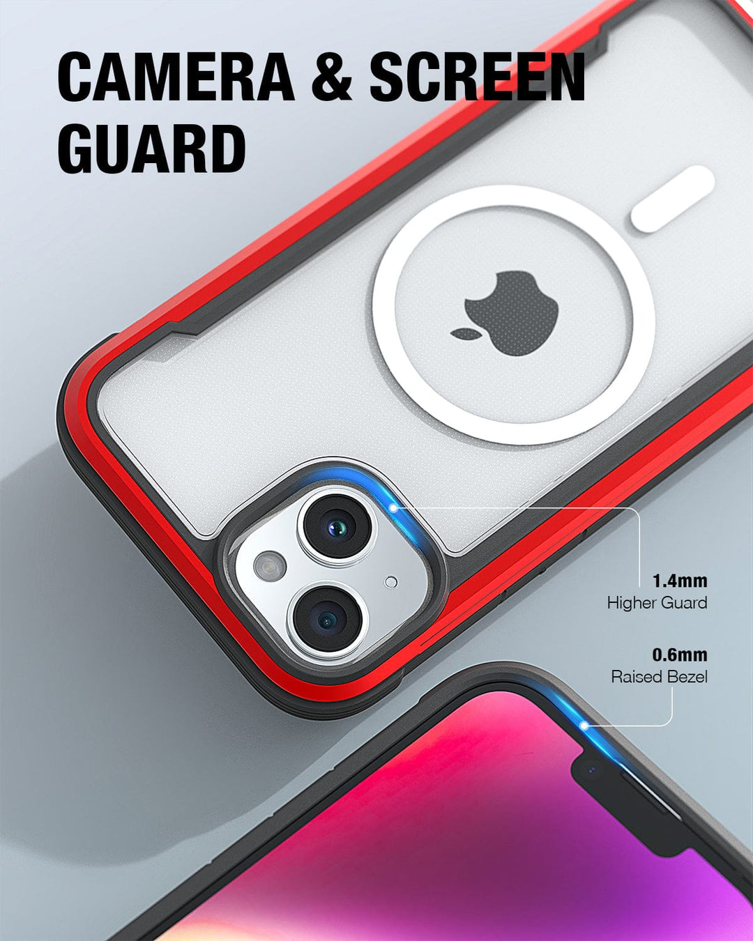 A red and black Raptic Shield MagSafe iPhone 15 Case featuring camera and screen guards with a 1.4mm higher guard for the camera and a 0.6mm raised bezel for the screen. It offers wireless charging compatibility and 3-metre drop protection, with an iPhone partially visible inside the case.