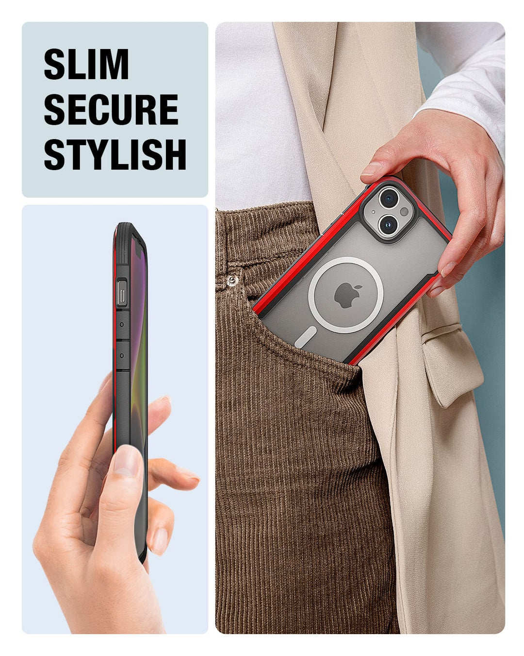 Person holding a slim, secure, and stylish Raptic Shield MagSafe iPhone 15 Case with 3-metre drop protection. The phone case is shown in a hand and being placed in a coat pocket, ensuring it's both wireless charging compatible and effortlessly chic.