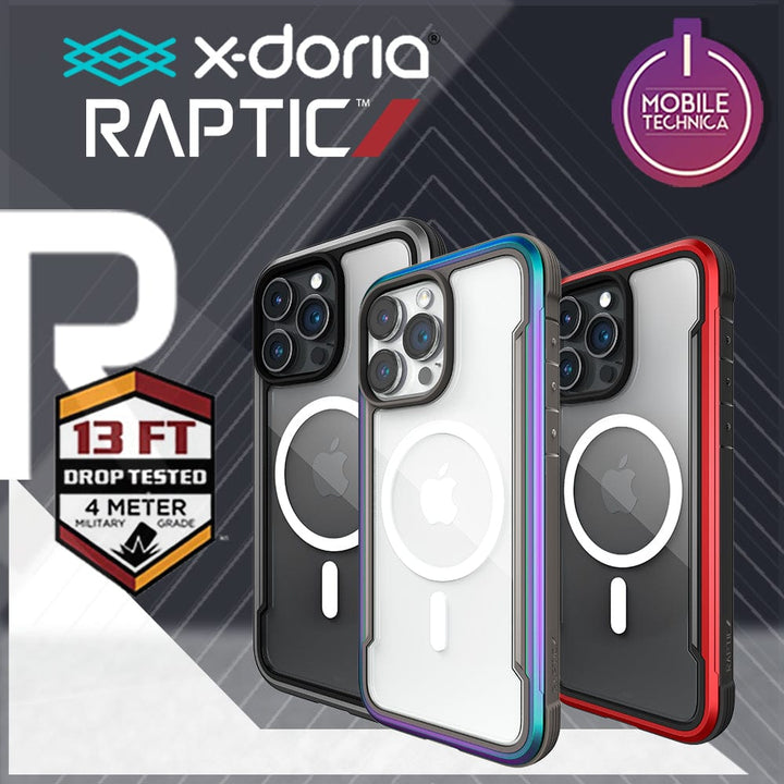 Three iPhones in Raptic Raptic Shield MagSafe iPhone 15 Cases with metallic edges are displayed alongside logos indicating 3-metre drop protection and MIL-STD military grade certification, highlighting the Raptic Shield MagSafe iPhone 15 Case’s compatibility with wireless charging.
