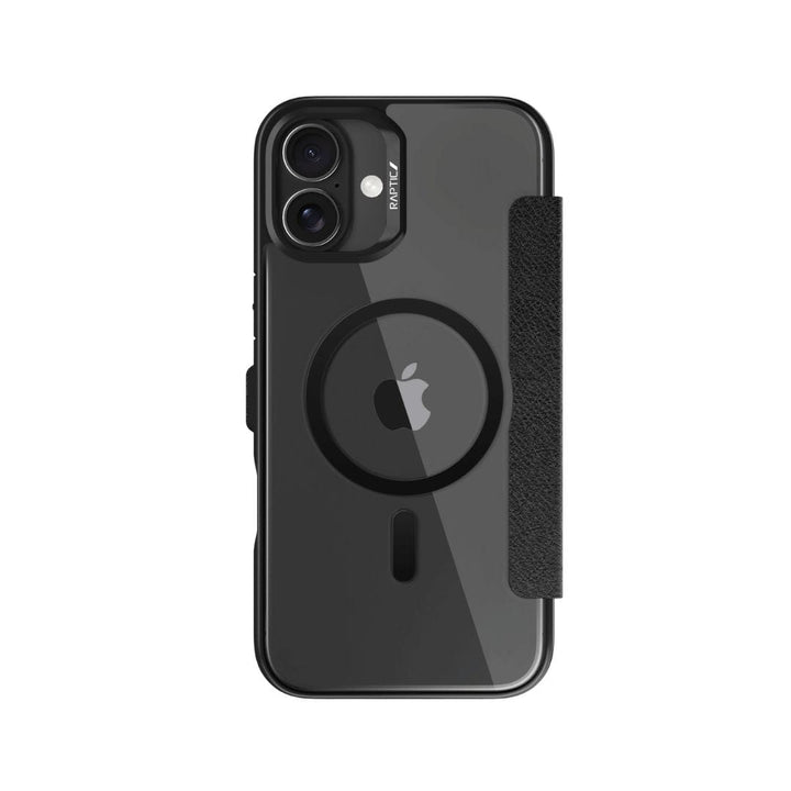 The image shows the back view of a black Raptic MagSafe Urban Folio Case with Card Slot for iPhone 16. It features a transparent rear panel that reveals the Apple logo and MagSafe ring, indicating its MagSafe compatibility. The top left corner has dual camera cutouts labeled "ROCK P/L." A vertical textured grip strip is positioned on the right side.