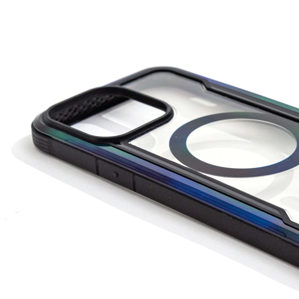 A close-up view of the Raptic Shield 2.0 iPhone 15 MagSafe Case by Raptic, showcasing its transparent back with a circular magnetic ring for MagSafe accessories and black bumper edges, offering 3-metre drop protection.