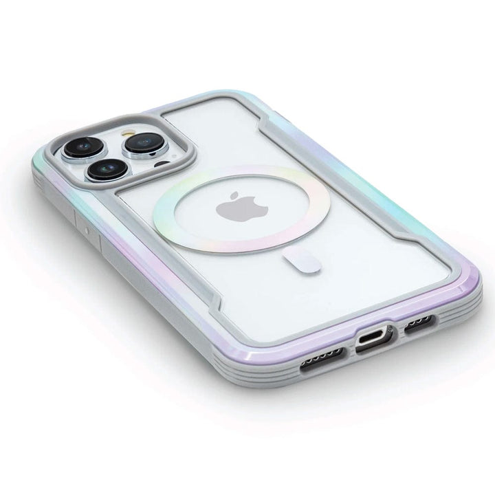 A smartphone with a triple-lens camera is encased in the Raptic Shield 2.0 iPhone 15 MagSafe Case by Raptic, featuring a protective, iridescent design at its center, complete with MagSafe accessories and 3-metre drop protection.
