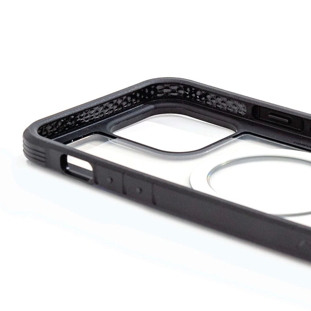 Close-up of the Raptic Shield 2.0 iPhone 15 MagSafe Case by Raptic, featuring textured edges and a transparent back panel, offering 3-metre drop protection. Photographed on a white surface.
