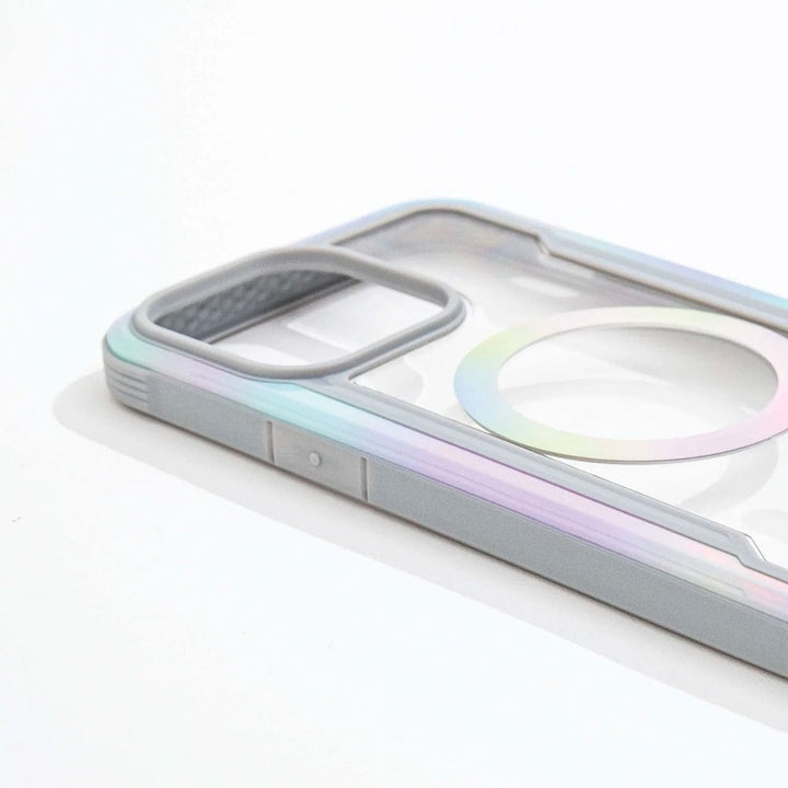 Close-up of the Raptic Shield 2.0 iPhone 15 MagSafe Case, a translucent protector with 3-metre drop protection. It features a raised edge around the camera cutout and a circular cutout for MagSafe accessories, displayed on a white background.