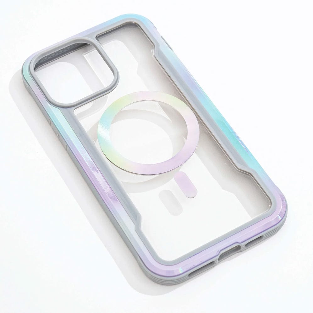 The Raptic Shield 2.0 iPhone 15 MagSafe Case, a transparent cover with iridescent trim, two camera cutouts, and a circular magnetic attachment ring, lies on a white surface, offering 3-metre drop protection.