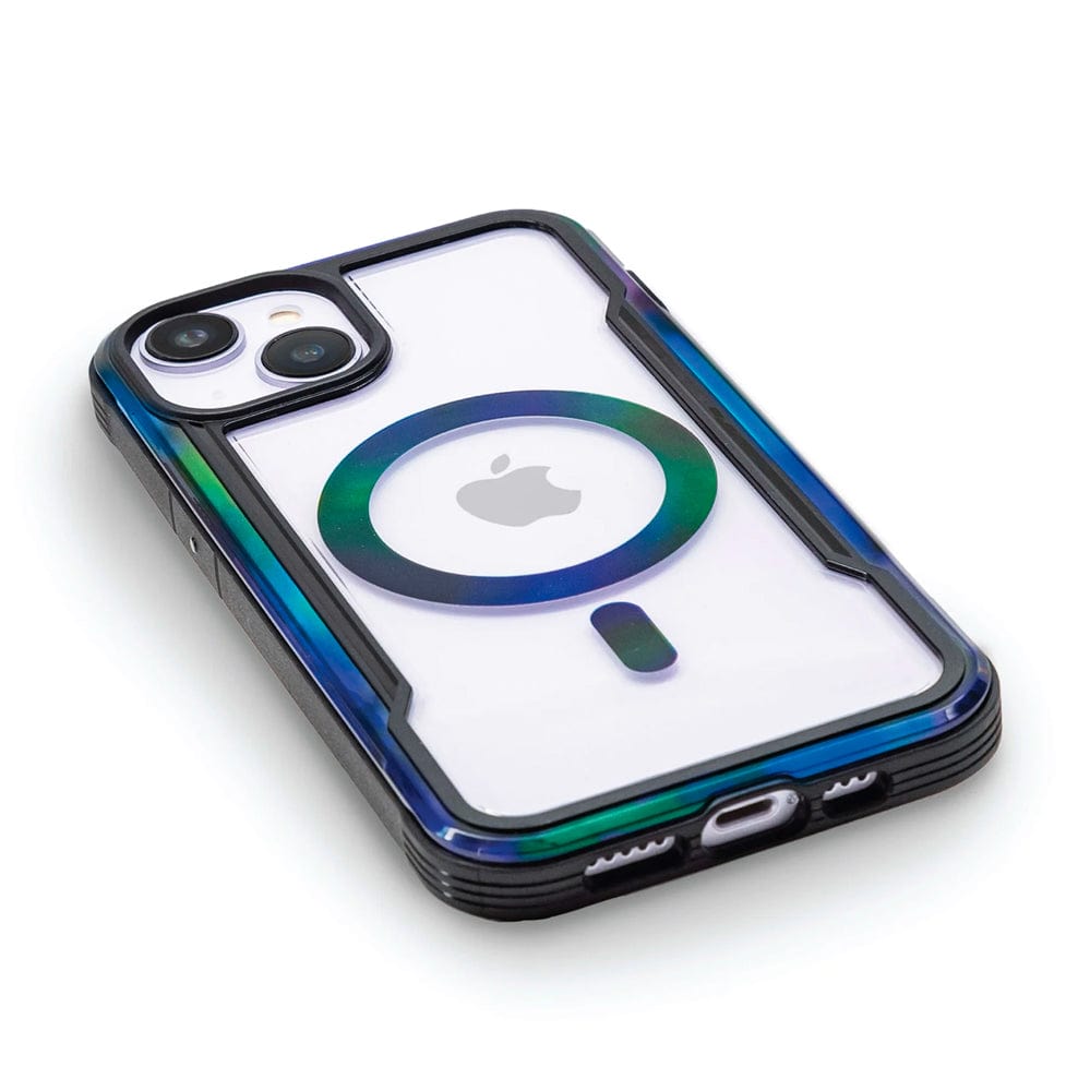 A Raptic Shield 2.0 iPhone 15 MagSafe Case encases the smartphone, offering 3-metre drop protection while revealing the Apple logo on the back, as it rests on a white surface.