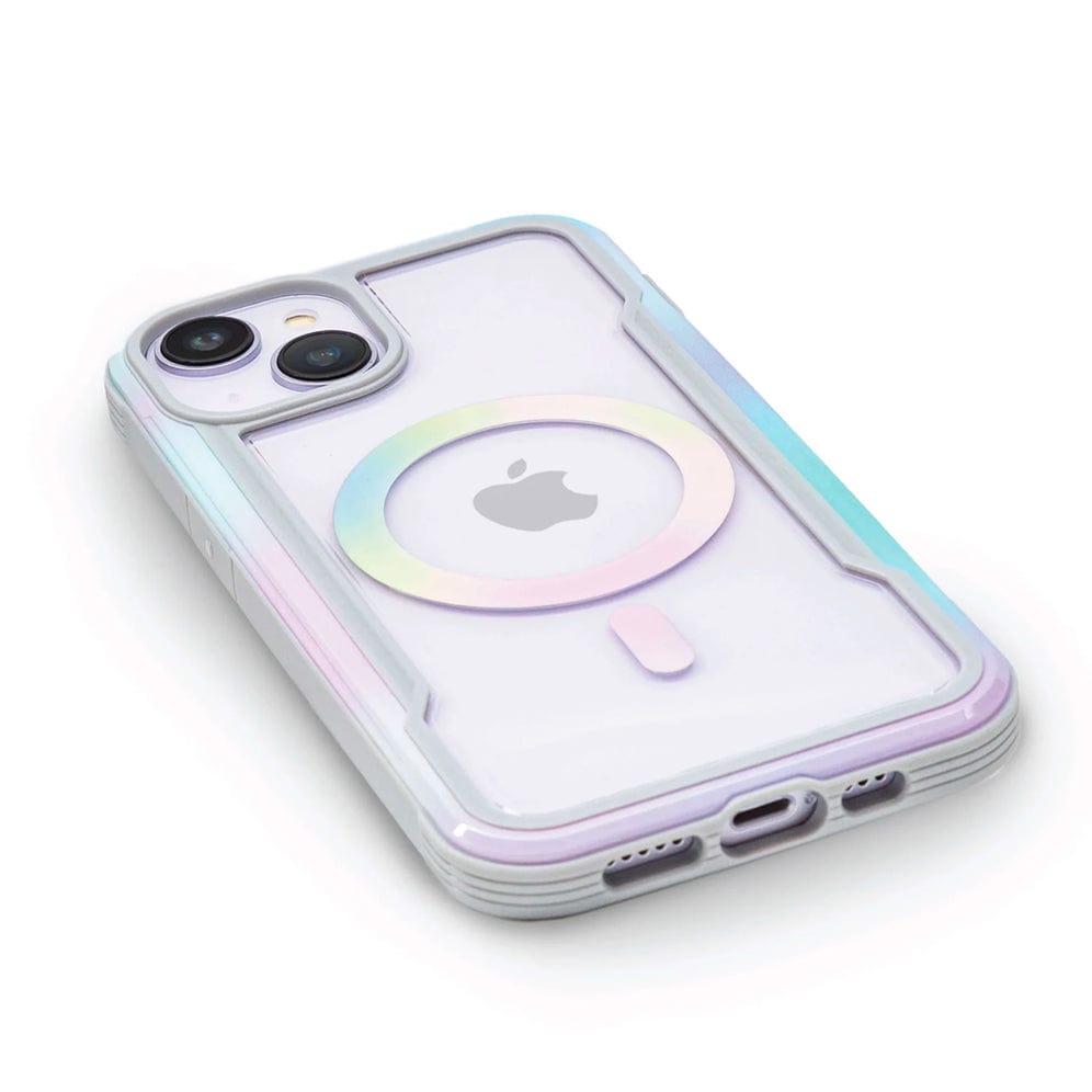 A smartphone with a rainbow-colored Raptic Shield 2.0 iPhone 15 MagSafe Case from Raptic, showcasing the Apple logo and a circular design around it, emphasizing MagSafe accessories and offering 3-metre drop protection.