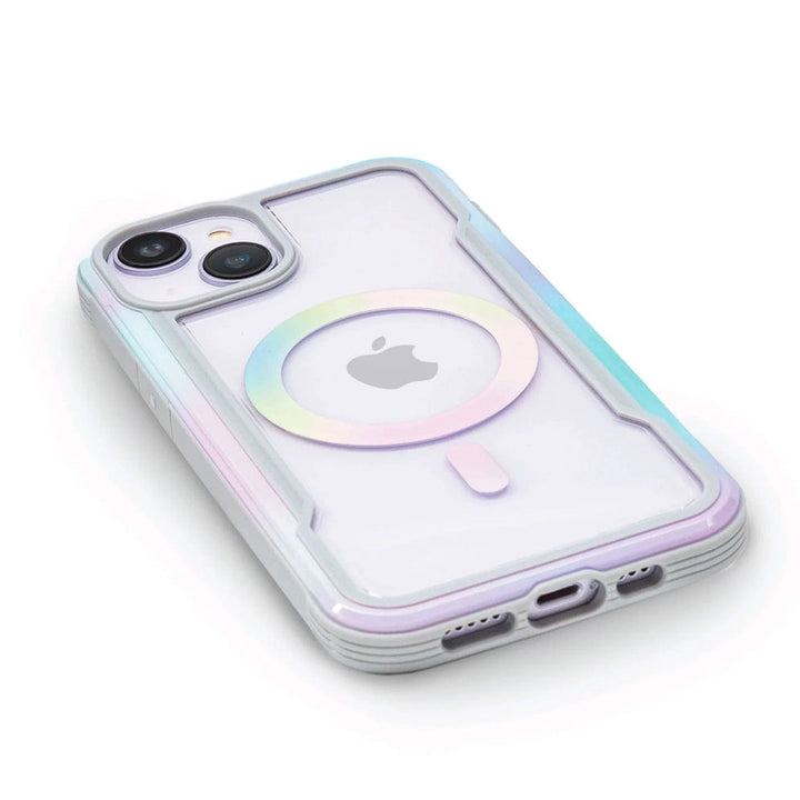 A smartphone with a rainbow-colored Raptic Shield 2.0 iPhone 15 MagSafe Case from Raptic, showcasing the Apple logo and a circular design around it, emphasizing MagSafe accessories and offering 3-metre drop protection.