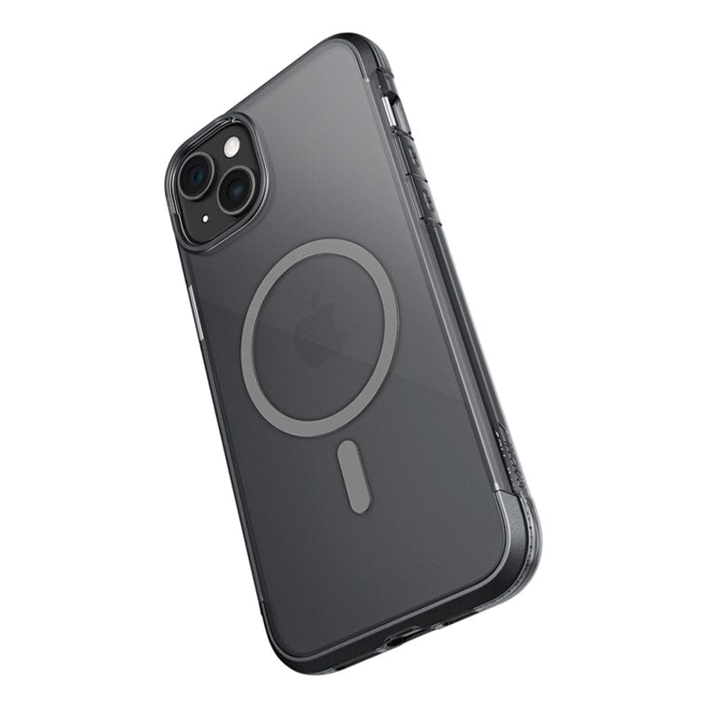 A black Raptic Air 1.0 MagSafe for iPhone 15 Series case, designed with a MagSafe compatibility ring and a cutout for the camera, is displayed in an angled view. This case, by Raptic, provides up to 4 meters of drop protection.