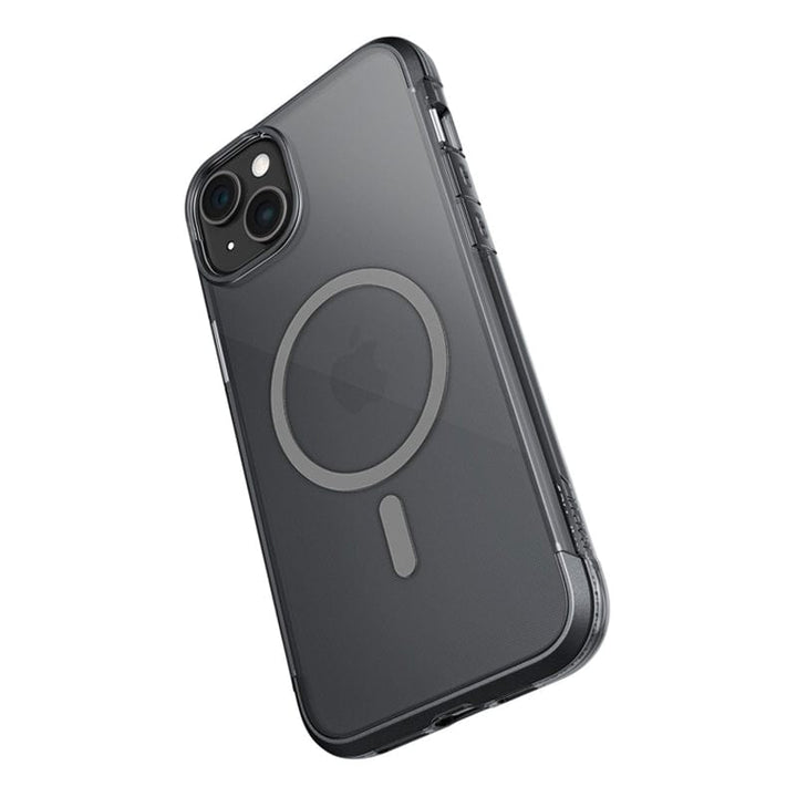 A black Raptic Air 1.0 MagSafe for iPhone 15 Series case, designed with a MagSafe compatibility ring and a cutout for the camera, is displayed in an angled view. This case, by Raptic, provides up to 4 meters of drop protection.