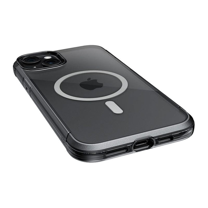 A black iPhone 15 series, equipped with the Raptic Air 1.0 MagSafe case from Raptic, is shown from the back. The clear protective case highlights the circular MagSafe charging area and prominently displays the Apple logo. This durable case offers impressive drop protection of up to 4 meters.