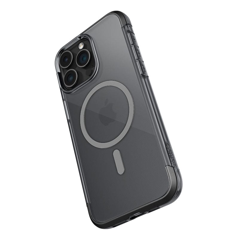 A black iPhone 15 series smartphone encased in a Raptic Air 1.0 MagSafe case by Raptic, showcasing a circular design ostensibly for wireless charging on its back. The phone features three rear cameras and offers up to 4-meter drop protection.