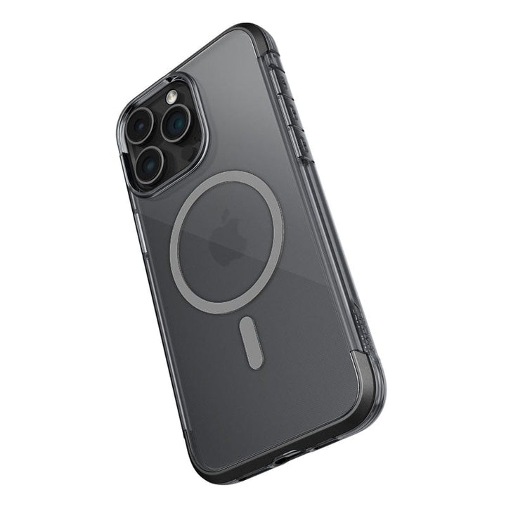 A black iPhone 15 series smartphone encased in a Raptic Air 1.0 MagSafe case by Raptic, showcasing a circular design ostensibly for wireless charging on its back. The phone features three rear cameras and offers up to 4-meter drop protection.