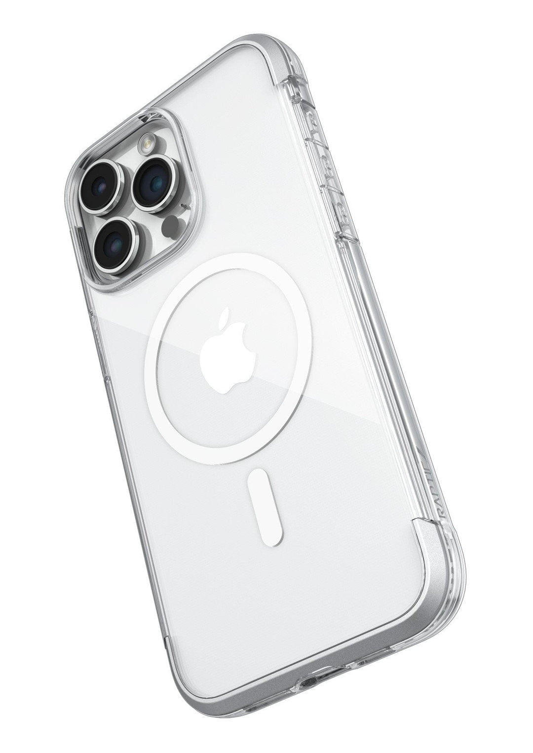 The Raptic Air 1.0 MagSafe for iPhone 15 Series by Raptic is a clear case that highlights three camera lenses and a visible Apple logo with a circular MagSafe outline on the back, while providing robust drop protection of up to 4 metres to keep your device secure.