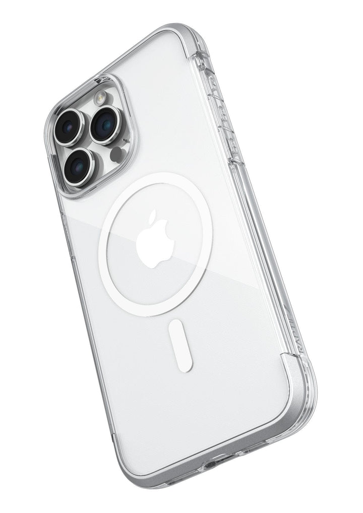 The Raptic Air 1.0 MagSafe for iPhone 15 Series by Raptic is a clear case that highlights three camera lenses and a visible Apple logo with a circular MagSafe outline on the back, while providing robust drop protection of up to 4 metres to keep your device secure.