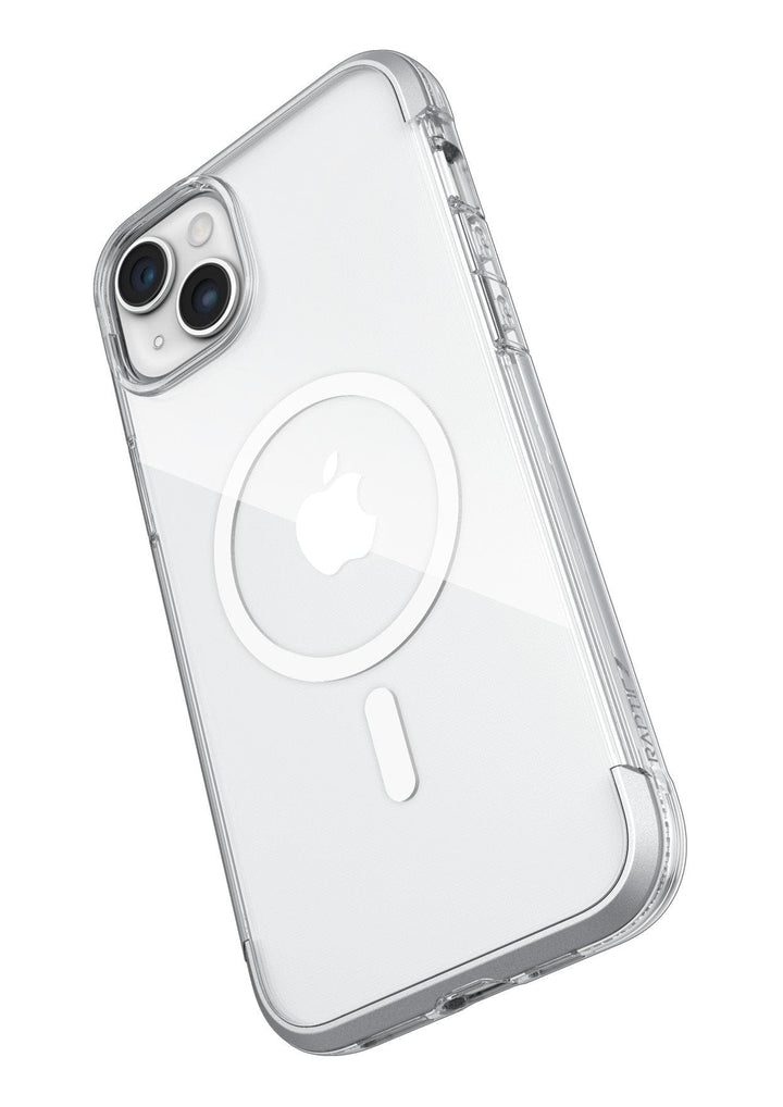 Description: The Raptic Air 1.0 MagSafe for iPhone 15 Series by Raptic features a clear design that highlights the Apple logo and dual camera lenses with a distinctive MagSafe circular motif, while offering 4-metres of drop protection.