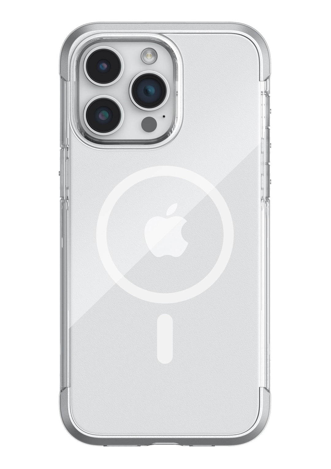 A Raptic Air 1.0 MagSafe Case featuring a clear design with a white circular pattern on the back is fitted on an iPhone 15 series smartphone, which has three camera lenses and provides protection for drops up to 4 meters.