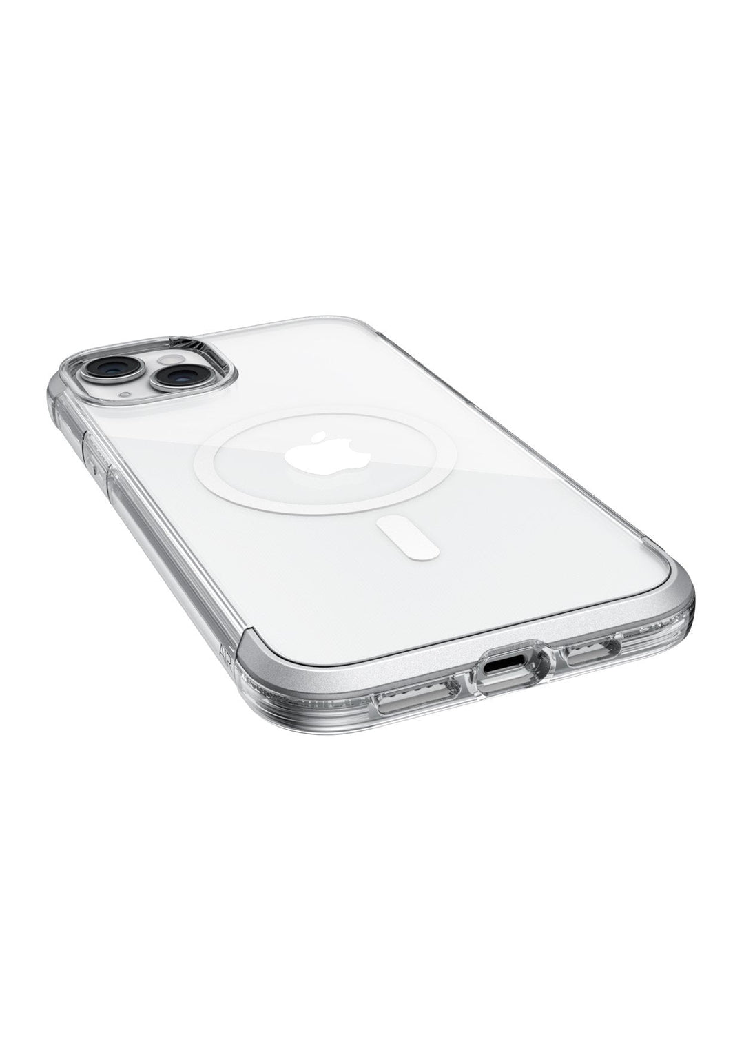 A close-up of the Raptic Air 1.0 MagSafe Case, designed to fit the iPhone 15 series with a dual-camera setup, featuring a transparent design with a circular MagSafe component on the back and offering reliable 4-meter drop protection.