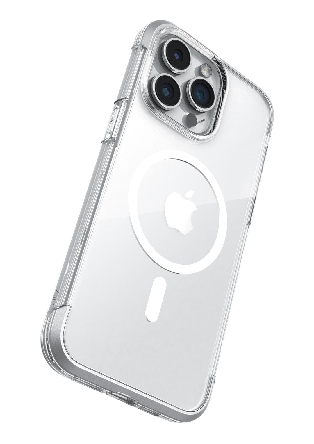 The Raptic Air 1.0 MagSafe for iPhone 15 Series by Raptic perfectly showcases the sleek design of the device while providing four-meter drop protection for its trio of camera lenses.