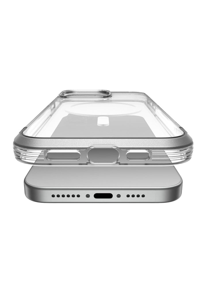 Close-up view of the Raptic Air 1.0 MagSafe Case for iPhone 15 Series, showcasing its alignment with the phone's ports and buttons, and providing impressive 4-metre drop protection.