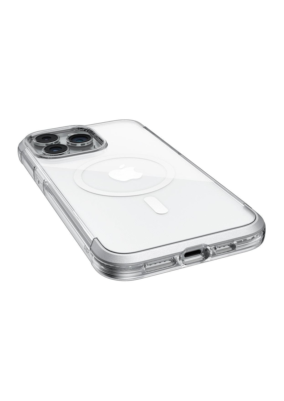 A transparent Raptic Air 1.0 MagSafe for iPhone 15 Series case on a white iPhone, showcasing the rear camera and charging port along with the visible Apple logo. Enjoy peace of mind with up to 4-metres drop protection from Raptic.