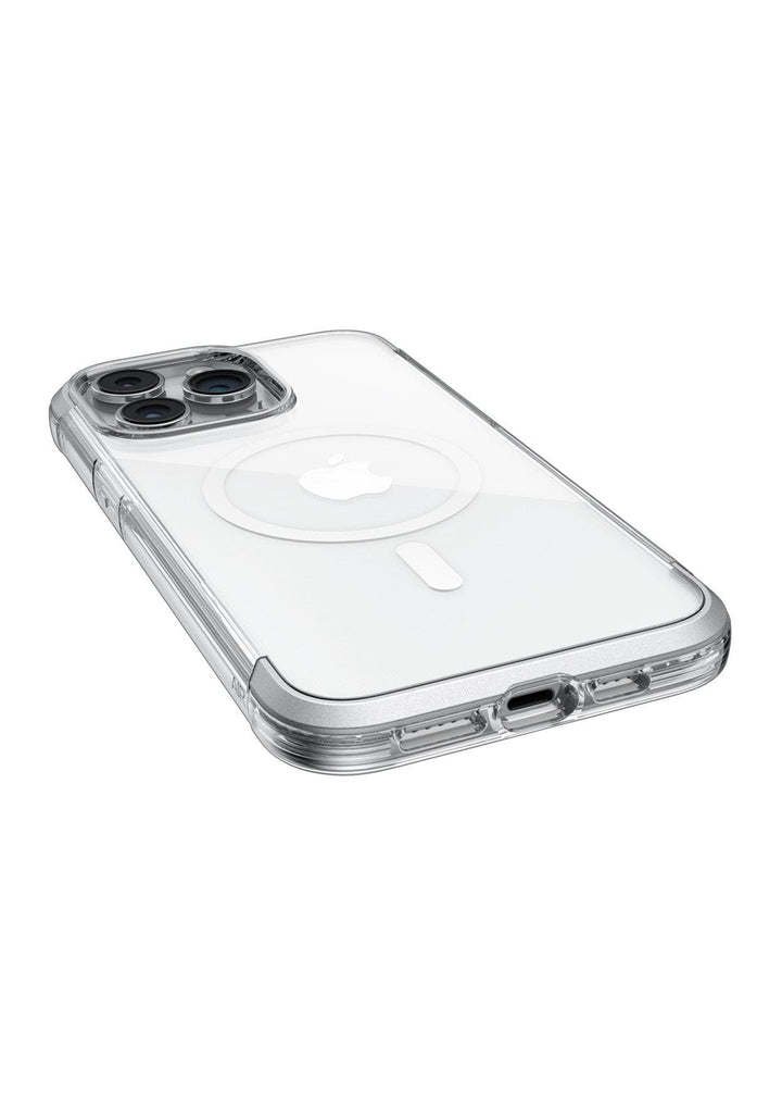 A transparent Raptic Air 1.0 MagSafe for iPhone 15 Series case on a white iPhone, showcasing the rear camera and charging port along with the visible Apple logo. Enjoy peace of mind with up to 4-metres drop protection from Raptic.