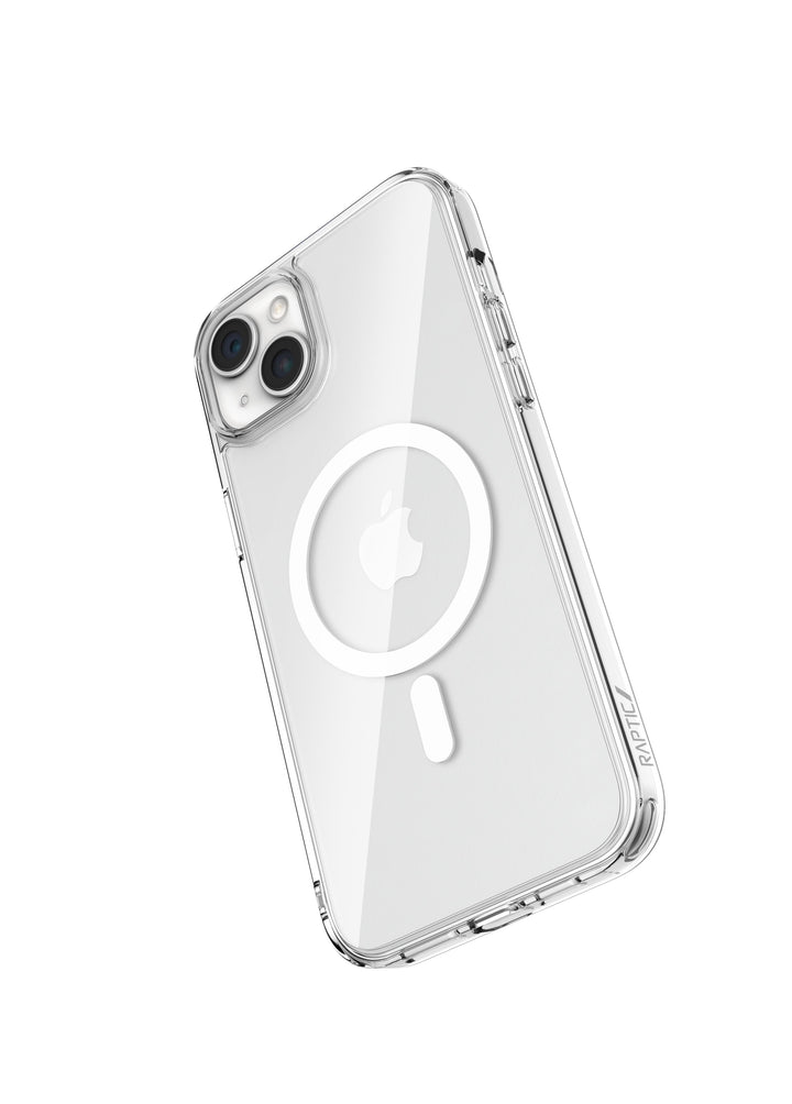 A Raptic Crystal MagSafe Case, featuring drop protection and a white circular magnet outline, encasing a white iPhone 15 with dual rear cameras.