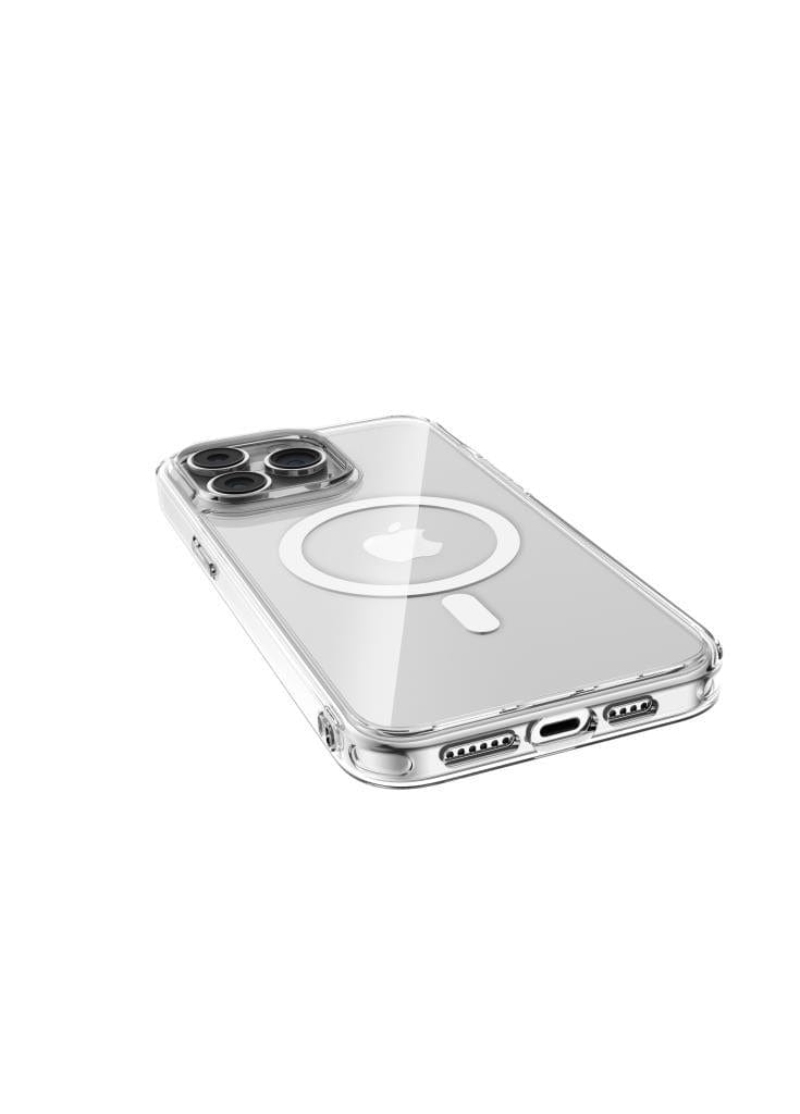 The Raptic Crystal MagSafe Case for the iPhone 15, featuring a transparent design with circular magnets on the back, camera cutouts, and port openings, is shown against a plain white background and provides excellent drop protection.