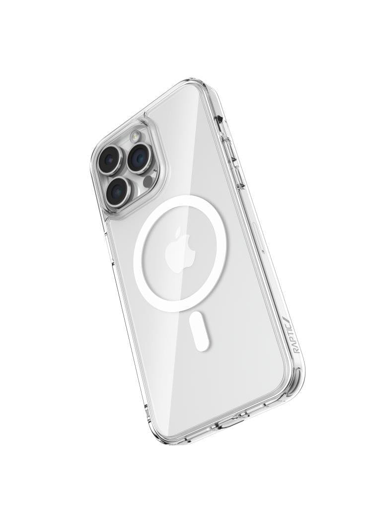 The Raptic Crystal MagSafe for iPhone 15 Series by Raptic is a clear case with a white circle design on the back, specifically designed to fit the iPhone 15 with three rear camera lenses. It offers enhanced drop protection while maintaining a sleek appearance.