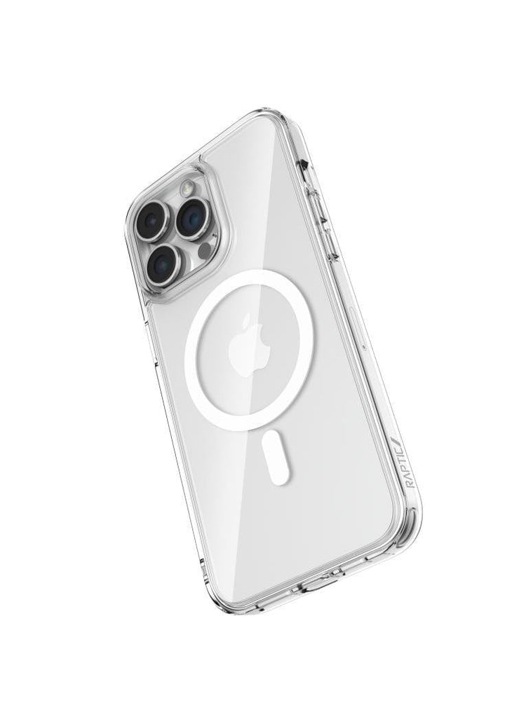 The Raptic Crystal MagSafe for iPhone 15 Series by Raptic is a clear case with a white circle design on the back, specifically designed to fit the iPhone 15 with three rear camera lenses. It offers enhanced drop protection while maintaining a sleek appearance.