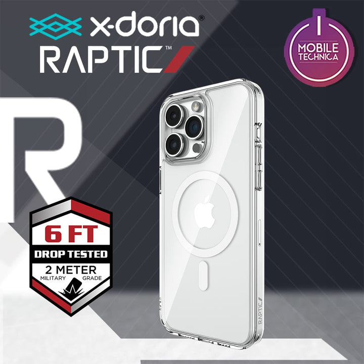Raptic Crystal MagSafe for iPhone 15 Series, offering military grade protection and a 6-foot drop test certification.