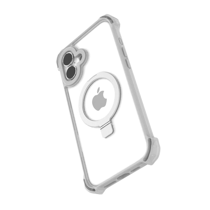 The Raptic Dual Impact Kickstand Case for iPhone 16 Plus from Raptic is a transparent case with reinforced corners and shock absorption. It features a circular, silver, metallic ring stand on the back with an Apple logo in the center and MagSafe compatibility. The case includes cutouts for camera lenses, buttons, and ports. The image is set against a white background.