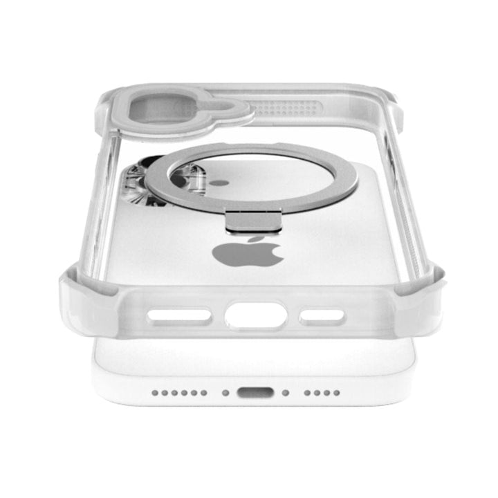 An image showcasing a white iPhone 16 Plus with a circular ring holder attached to its back, placed inside the Raptic Dual Impact Kickstand Case. The clear protective case features precise cutouts for the camera, buttons, and charging port, with reinforced corners for shock absorption. The Apple logo is visible on the phone and it's MagSafe compatible.