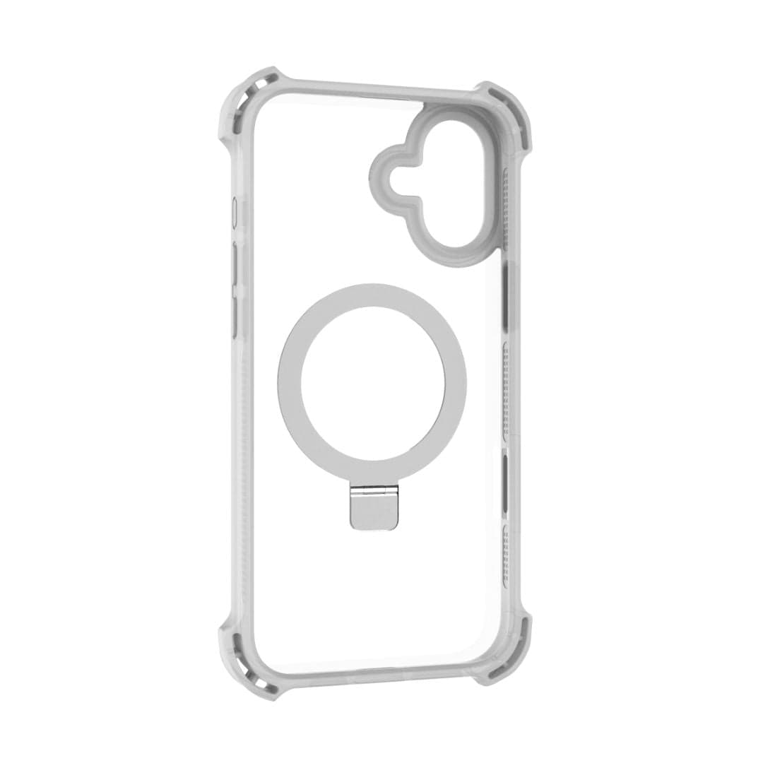 The Raptic Dual Impact Kickstand Case for iPhone 16 Plus by Raptic offers a transparent design, rounded corners, and reinforced edges for extra protection with shock absorption. It includes a built-in circular metal ring stand in the center of the back and features precise cutouts for the camera, buttons, and ports, ensuring full MagSafe compatibility without hindering functionality.