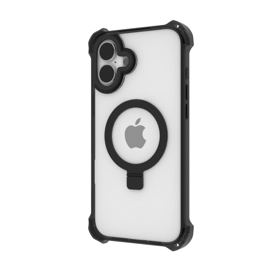 A white iPhone 16 Plus with a Raptic Dual Impact Kickstand Case featuring reinforced edges is shown from the back. The black Raptic case, designed for shock absorption, includes a circular MagSafe ring on the white back panel, centering an Apple logo. The phone is displayed upright, slightly angled to the right.