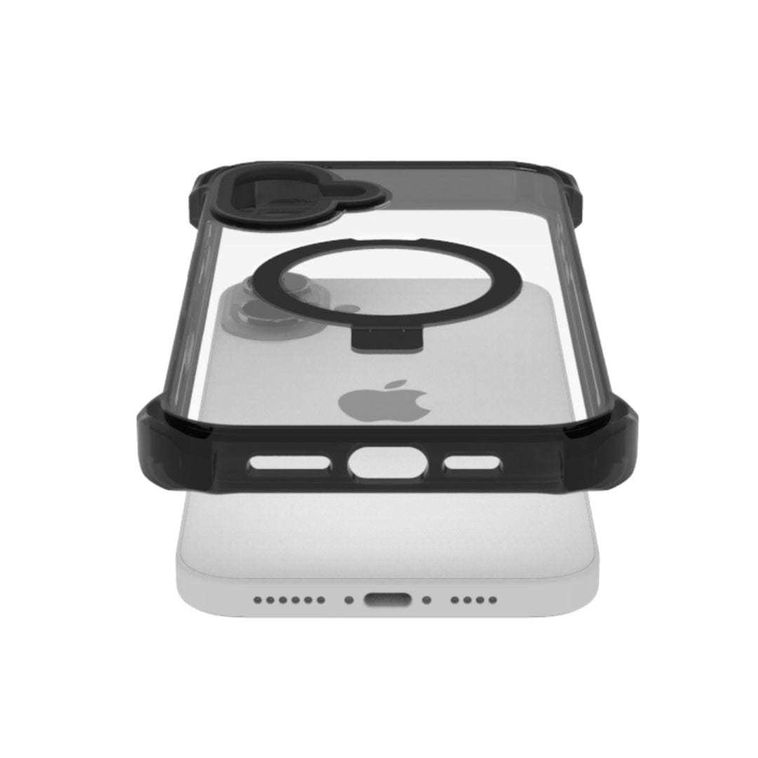 A Raptic Dual Impact Kickstand Case for iPhone 16 Plus with black edges is placed over a white smartphone. The transparent case features a circular cutout for the camera alignment above the phone's rear camera area. With MagSafe compatibility and shock absorption, the Apple logo remains visible through the case, and there's access to the USB-C port and speaker holes at the bottom.