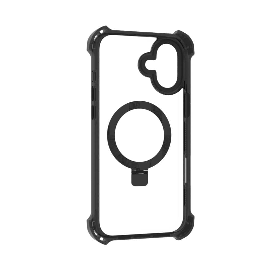 The image shows a Raptic Dual Impact Kickstand Case for iPhone 16 Plus in black with a rugged, protective design. It features reinforced corners for excellent shock absorption, a circular cutout in the center ensuring MagSafe compatibility, and precise cutouts for the camera and buttons. The case has a sleek yet durable appearance.