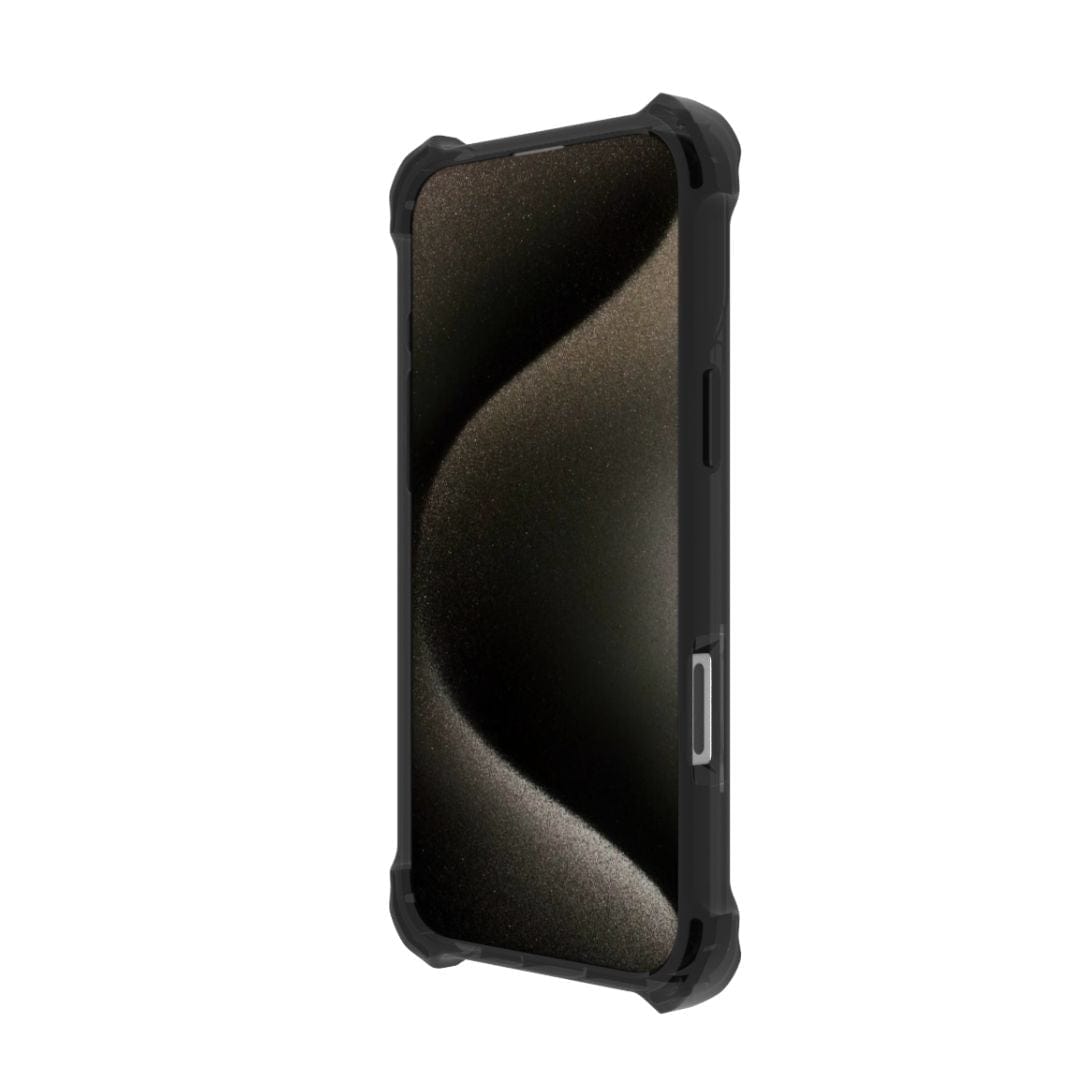 The Raptic Dual Impact Kickstand Case for iPhone 16 Plus is displayed in a rugged black design with reinforced corners and shock absorption. It boasts a textured grip, precise cutouts for buttons, cameras, and ports, as well as MagSafe compatibility. The phone screen showcases a subtle abstract design with dark tones and gentle curves.