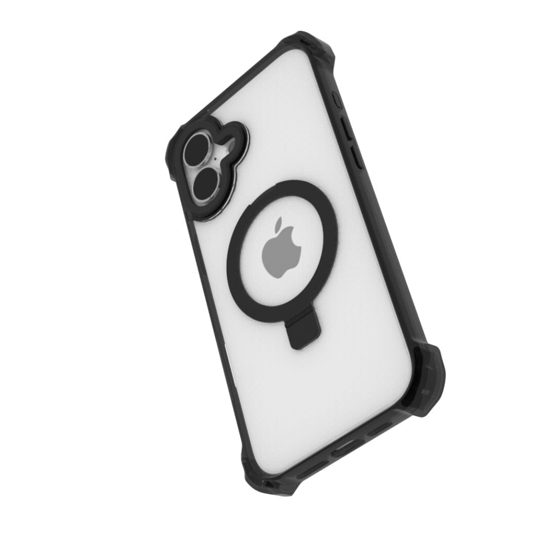 The Raptic Dual Impact Kickstand Case for iPhone 16 Plus is a white case with black reinforced corners and edges, featuring MagSafe compatibility. It includes a circular black ring centered on the back with the Apple logo inside it. Designed by Raptic for dual lenses, the camera cutout at the top left ensures both protection and style from an angled view.