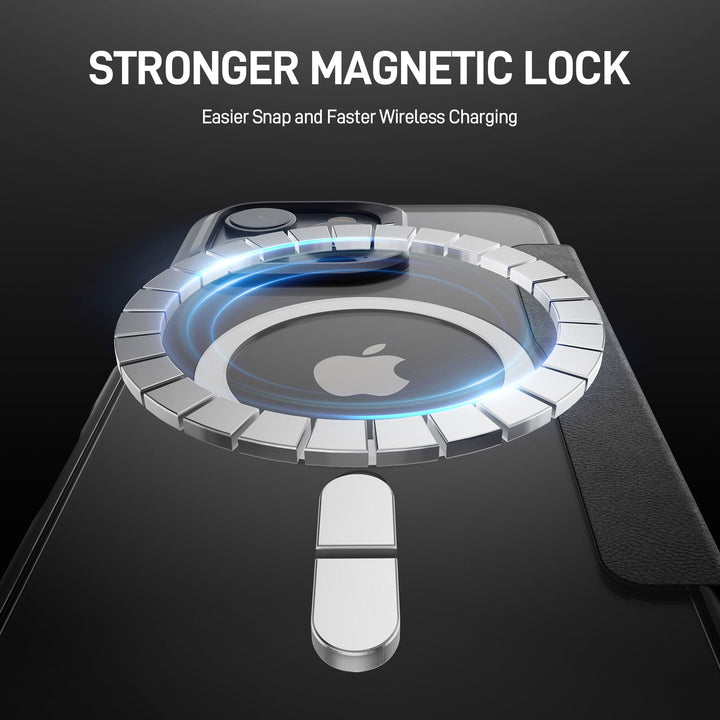 Close-up of a Raptic MagSafe Urban Folio Case with Card Slot for iPhone 16 in black, showcasing its MagSafe-compatible magnetic lock design with glowing elements around the camera area, enhancing wireless charging and snap-on features. Text at the top reads "STRONGER MAGNETIC LOCK" with a subtext "Easier Snap and Faster Wireless Charging.