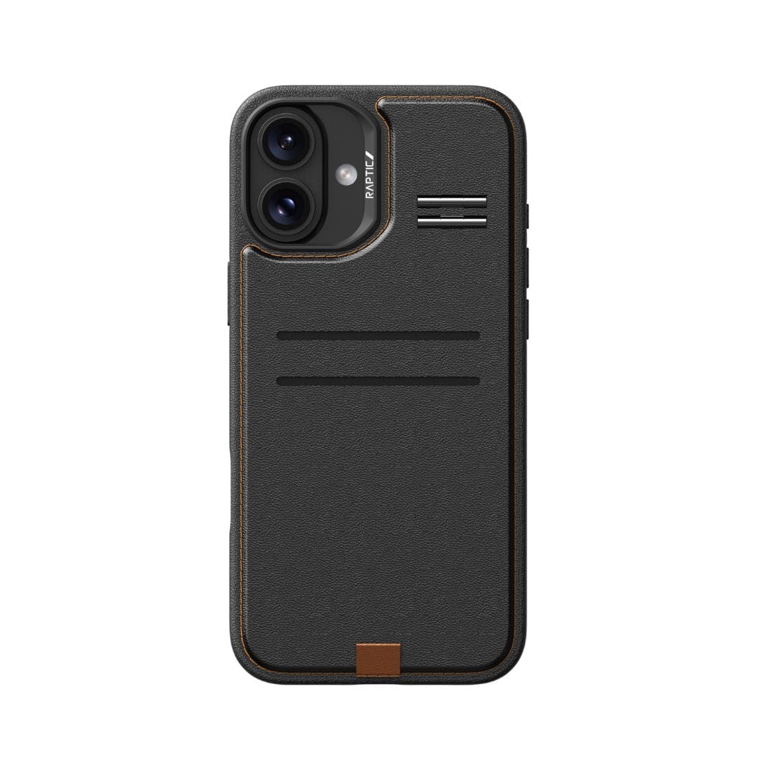 The Raptic MagSafe Wallet with Kickstand for iPhone 16, featuring a black textured finish, is designed to hold cards. It includes two card slots, a metallic accent at the top right corner, and supports MagSafe technology. The camera cutout fits two lenses and has a small brown square accent at the bottom center.